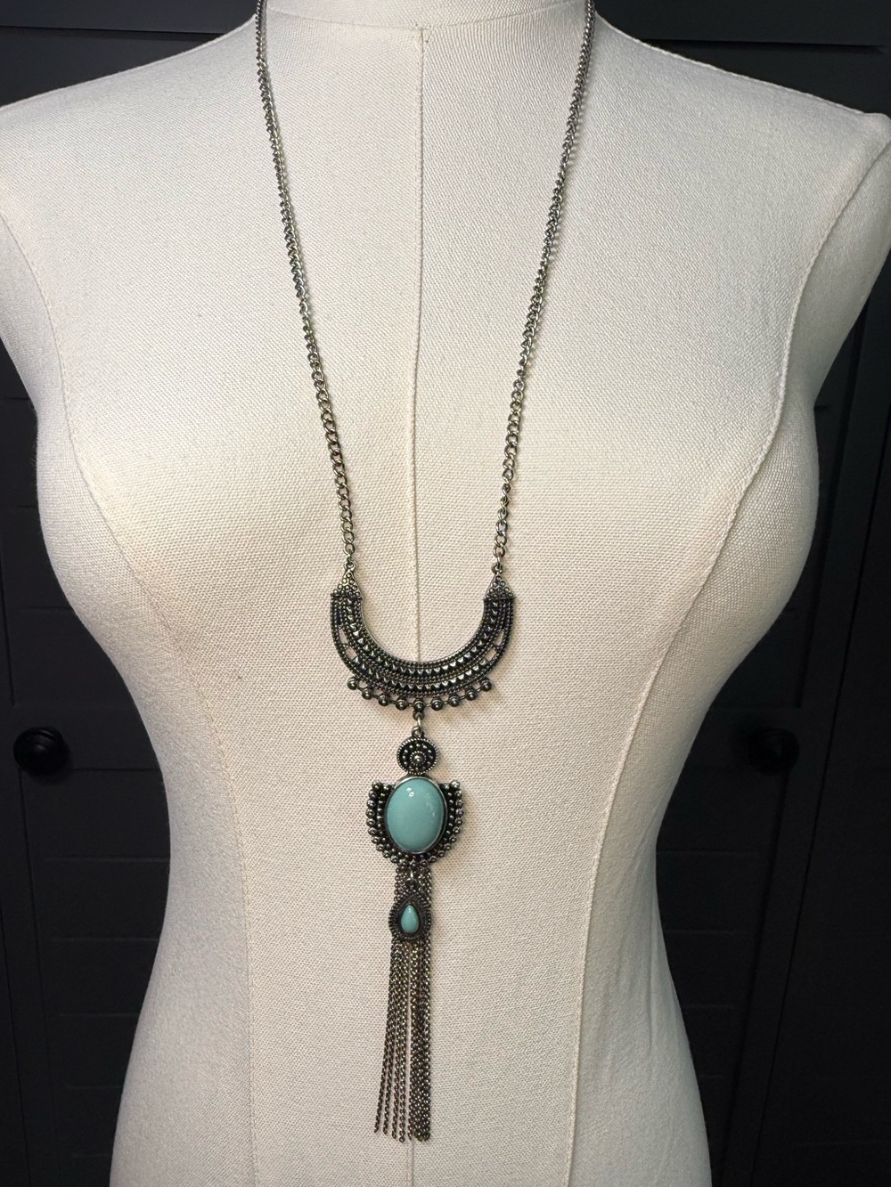 Boho Silver-Tone Necklace with Turquoise Cabochons